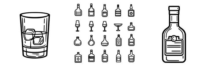 Various types of alcohol bottles and a glass of whiskey with ice
