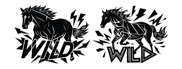 Wild horse running free with shattered fence elements, modern flat vector, expressive motion lines, bold serif font
