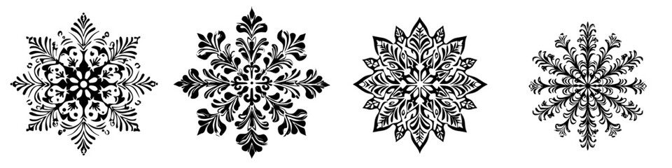 Obraz premium Intricate black and white snowflake designs showcasing detailed patterns for winter decor and artwork inspiration
