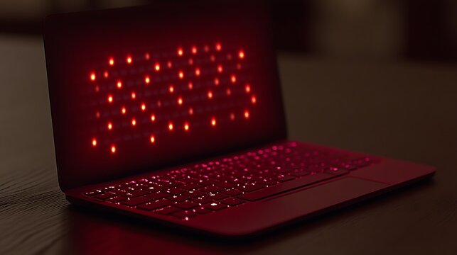 A crimson laptop glows with red light-emitting diodes.