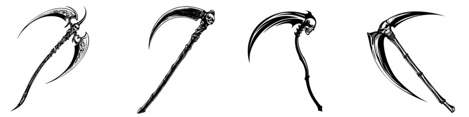 Unique scythe designs showcasing detailed artistry and craftsmanship in a variety of styles