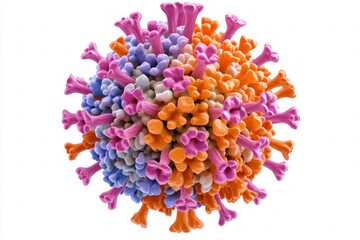 Fototapeta premium Colorful 3D illustration of a virus particle with pink, orange, and blue spike proteins, representing a stylized microbiological structure