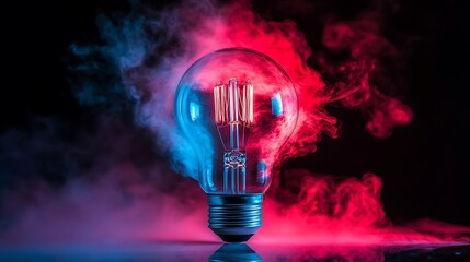A vintage incandescent light bulb bathed in vibrant blue and red smoke.