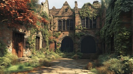 Naklejka premium Enchanted Ancient Courtyard with Overgrown Vines and Stone Pathway Perfect for Fantasy Histor