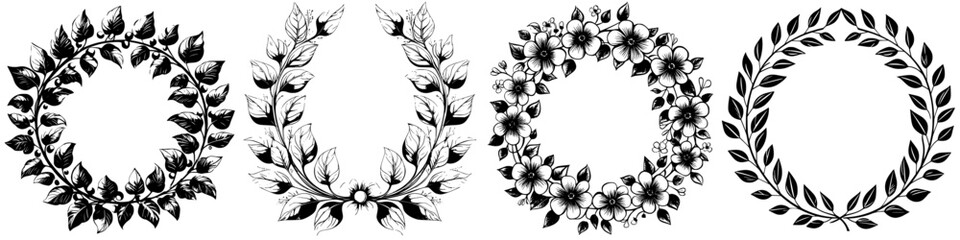 Collection of elegant decorative wreath designs featuring leaves and flowers in black outline style