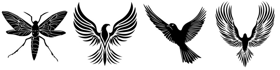 Obraz premium Decorative illustrations of insect and bird silhouettes featuring intricate designs and textures in black and white color scheme