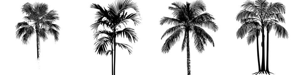 Silhouettes of tropical palm trees against a white background showcasing diverse shapes and sizes in a serene setting