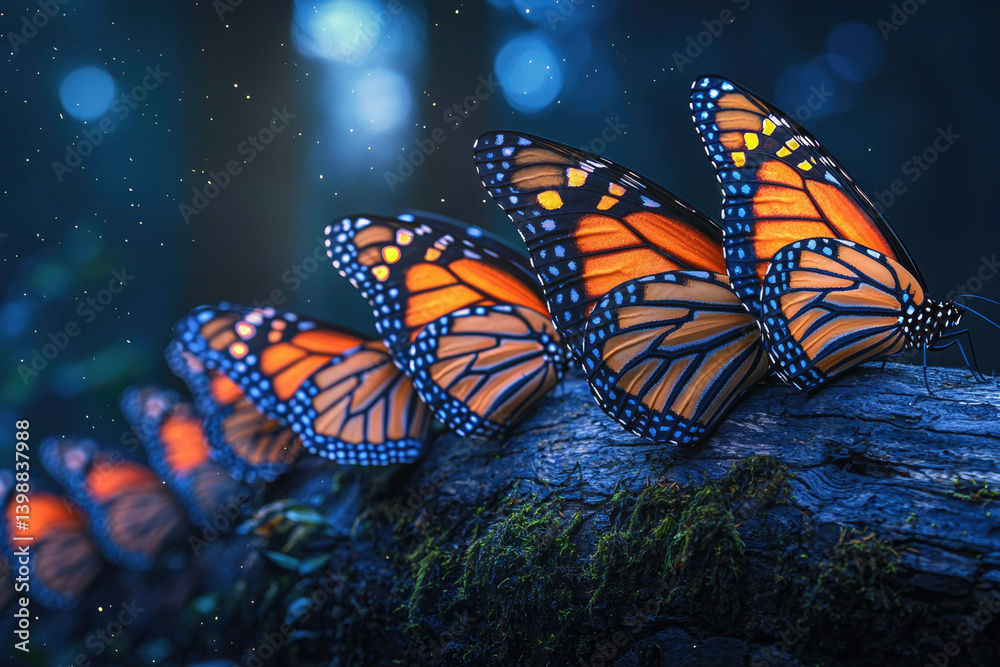 Poster a line of monarch butterflies rests on a mossy log at night, illuminated by soft light.