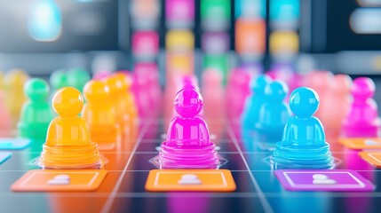 Glossy Game Realm, a vibrant 3D environment featuring shiny plastic pawns and brightly colored game cards, all set on a reflective, high-gloss tabletop surface.
