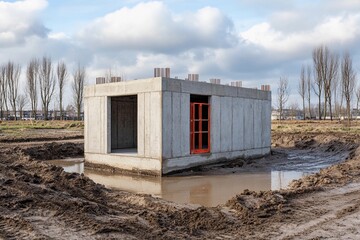 A concrete building structure is being constructed at a rural site. The setting features muddy ground with standing water and a cloudy sky above, indicating recent rain