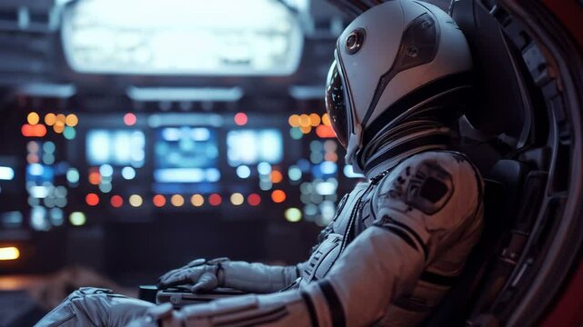 An astronaut inside a spacecraft prepares for an interstellar journey that awaits them in the vast cosmos