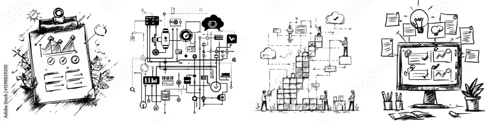 Poster visual representation of workflow, process mapping, and data analysis in a creative workspace