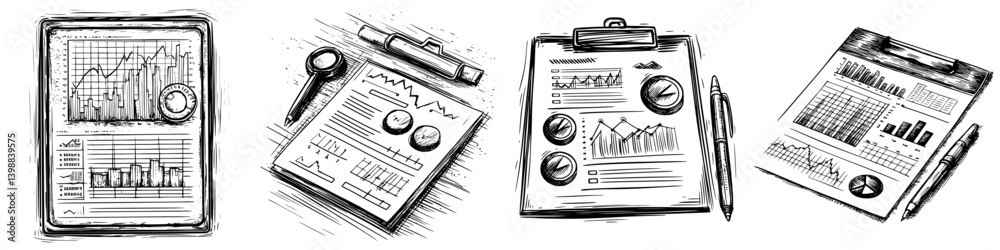 Poster graphs and reports illustrate business progress with charts and analyses on various documents and wr