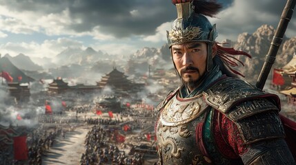 Ancient warrior, commanding a vast army in a historical setting.  Vast city, mountainous backdrop, intense atmosphere