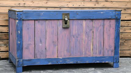 Rustic wooden chest, painted purple and blue, sits against wood wall; storage, decor