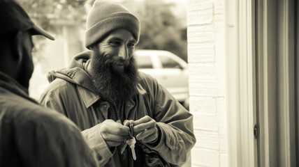 A man with a beard holds keys, potentially unlocking a door or symbolizing opportunity, while another man stands nearby.