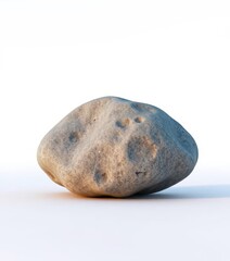 A lone, smooth grey stone sits on a stark white background, pebble, earth, detail