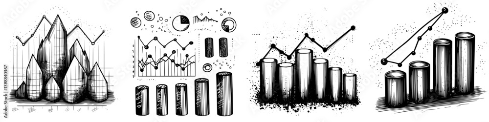 Poster trends in financial data representation through various graph styles and designs with artistic eleme