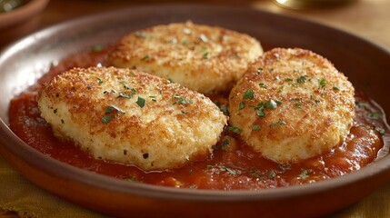 Fototapeta premium Crispy fried risotto cakes recipe with tomato sauce easy italian appetizer side dish comfort food dinner idea