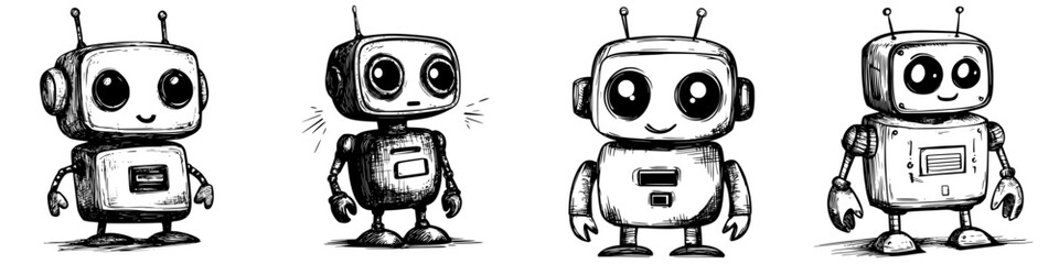 Naklejka premium Various cute cartoon robots with different expressions and styles displayed side by side for creative inspiration and character design