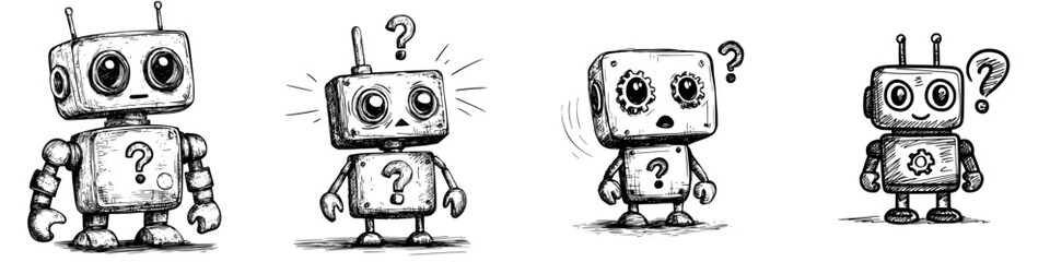 Fototapeta premium Collection of four cartoon robots displaying various expressions of curiosity and confusion in a sketched style
