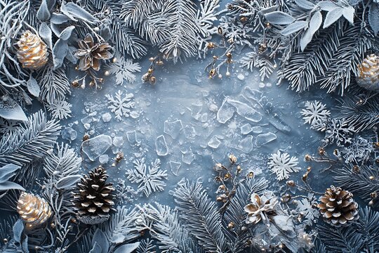 Festive background for New Year and Christmas celebrations, featuring ice decorations and seasonal themes