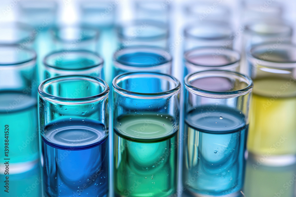 Poster close-up of multiple test tubes filled with various vibrant blue, green, and yellow liquids in a lab