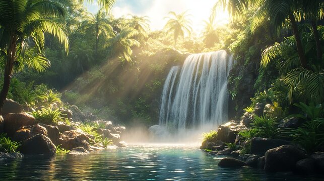 Beautiful tropical waterfall jungle nature landscape wallpaper background desktop hd image stock photo free download
