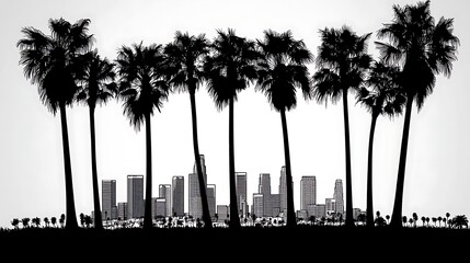 Silhouette of palm trees and los angeles skyline