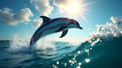 Obraz premium Joyful Dolphin Leaping Above Ocean Waves Under Bright Blue Sky Marine Wildlife Scene