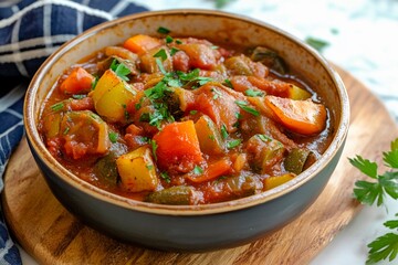 A hearty vegetable stew filled with colorful ingredients is presented in a deep bowl, garnished with fresh herbs. The setting features a rustic wooden board, perfect for a warm meal