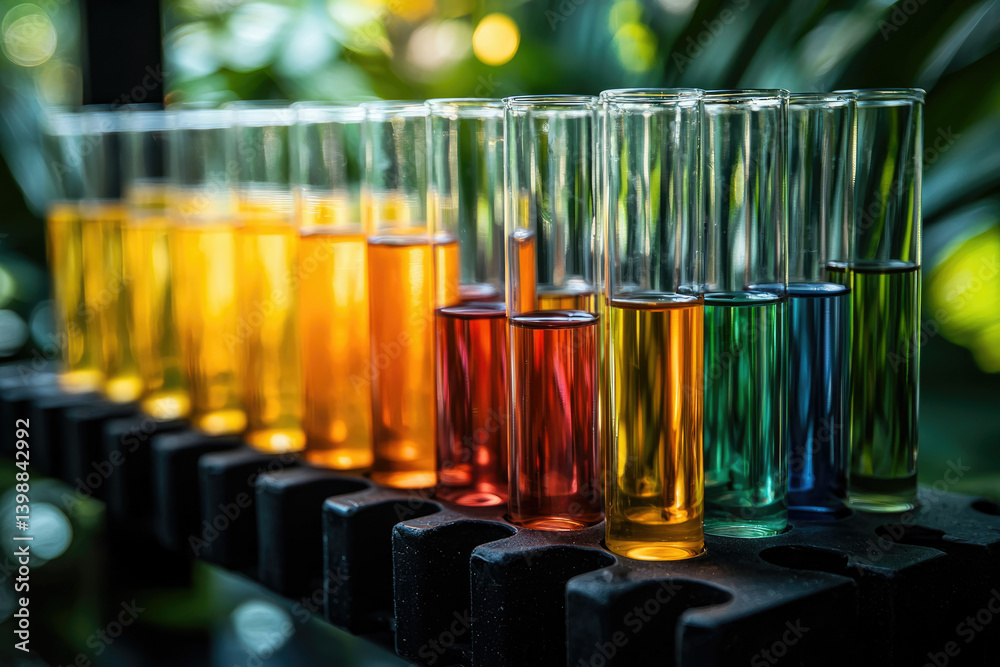 Aufkleber colorful test tubes filled with various liquids in a science lab setting.