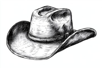 Black and white hand drawn cowboy hat with vintage sketch style and strong textured western design