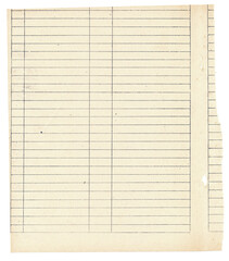 Naklejka premium Old grungy piece of note paper with torn and folded edges. Vintage blank page of notebook. Aged lined sheet of paper. Empty sheet paper with horizontal and vertical lines.