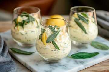 Delightful lemon and herb dessert layered in stylish glasses sits on a marble platter. Fresh sage and lemon slices enhance the presentation in a cozy kitchen setting