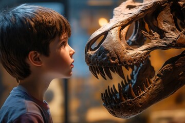 Curious young boy stares at large dinosaur skull fossil in museum exhibit with awe and fascination