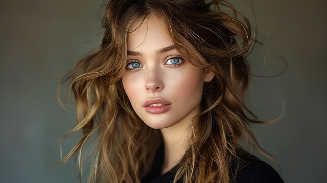 Model with voluminous bouncy supermodel hair effortlessly styled with a soft natural wave giving off a nostalgic yet modern aesthetic