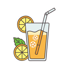 Illustration of fresh orange juice in glass with straw and orange slices for summer drink on transparent background