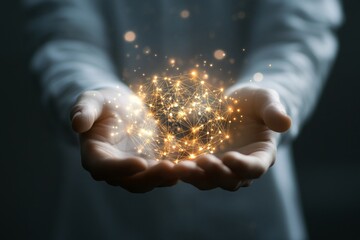 Glowing golden digital sphere floating above human hands symbolizing innovation, data, and technology power