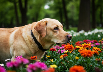 Labrador sniffing flowers in a vibrant park
