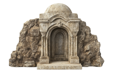 An intricately carved tomb with a sealed entrance and ancient inscriptions Isolated on transparent background.