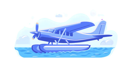 Obraz premium Seaplane Gliding Over Calm Waters with Cloudy Sky Background Ideal for Transportation and Adve