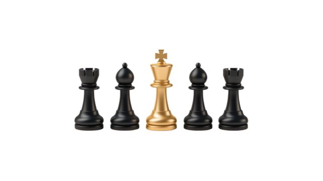 Gold King Piece Surrounded by Black Rooks on a Chessboard Background