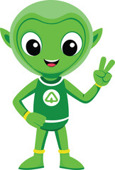 Friendly Martian alien holding peace sign. Green alien ambassador for space, sci-fi humor, or cosmic community.