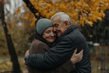 Fototapeta premium Elderly couple hugging lovingly in autumn park, surrounded by golden leaves and peaceful atmosphere.