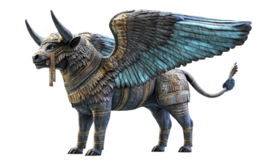 An intricately sculpted stone relief of an Assyrian winged bull deity Isolated on transparent background.