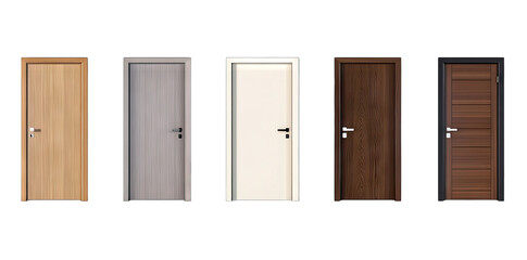 five distinct doors in varying wood finishes showcasing different styles and colors against a plain white background the doors serve as architectural elements for interior spaces
