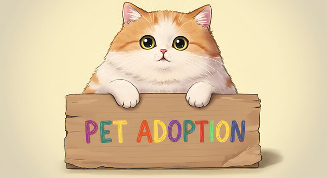 Cute cat promoting pet adoption with sign
