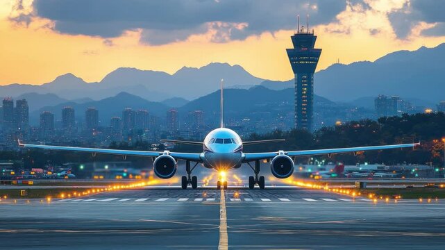 Aviation Gateway at Sunset: A front-facing view captures an airplane centered on the runway with lights illuminating it as it readies for takeoff.