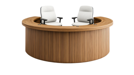 Modern Round Reception Desk with Two White Chairs and Wooden Finish